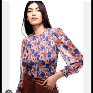 Wilfred Floral Smocked Long-Sleeve Top in Blue & Brown